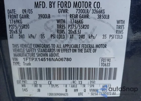 2006 Ford F-150 Fx4/Lariat/Xl/Xlt from USA, damaged, VIN 1FTPX14516NA06780